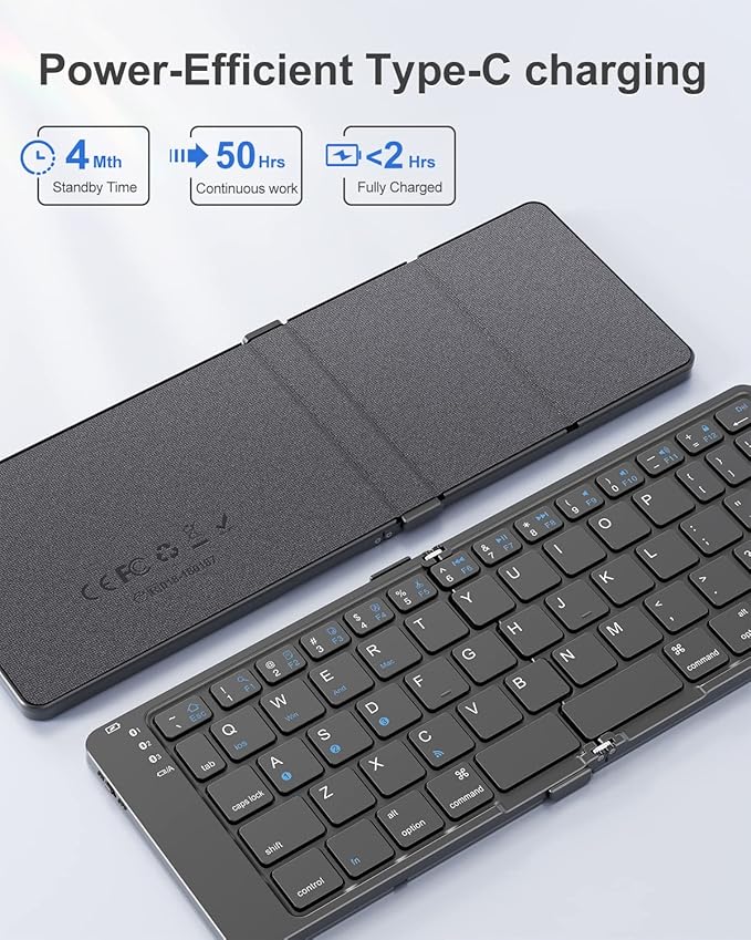 Foldable Bluetooth Keyboard, Portable Wireless Folding Keyboard (BT5.1 x 3), Pocket-Sized & Ultra-Slim, USB-C Rechargeable for iOS, Android, Windows Mac OS Laptop Tablet Smartphone, Black