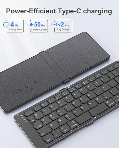 Foldable Bluetooth Keyboard, Portable Wireless Folding Keyboard (BT5.1 x 3), Pocket-Sized & Ultra-Slim, USB-C Rechargeable for iOS, Android, Windows Mac OS Laptop Tablet Smartphone, Black