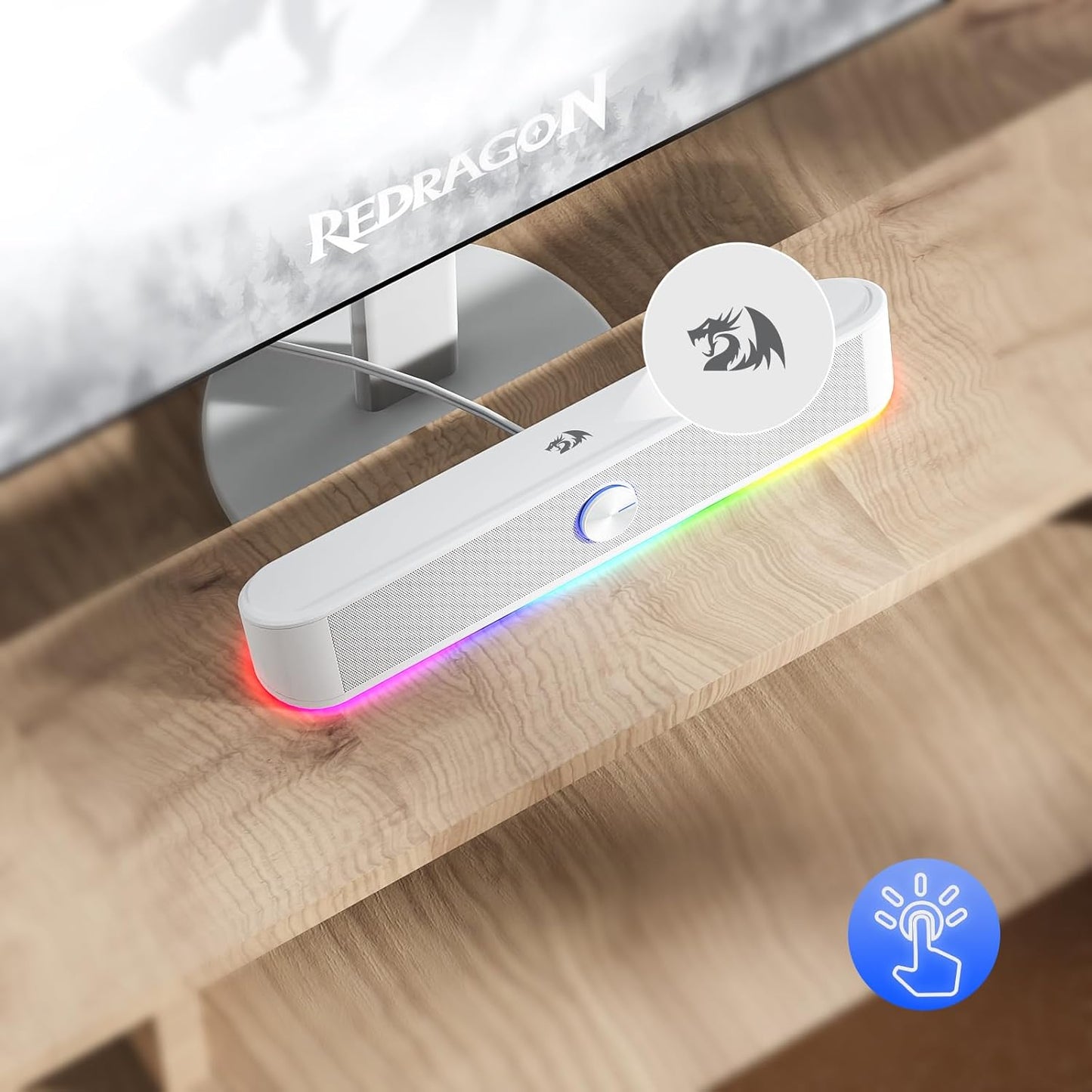 Redragon GS560 RGB Desktop Soundbar, 2.0 Channel Computer Speaker with Dynamic Lighting Bar Audio-Light Sync/Display, Touch-Control Backlit with Volume Knob, USB Powered w/ 3.5mm Cable, White - T