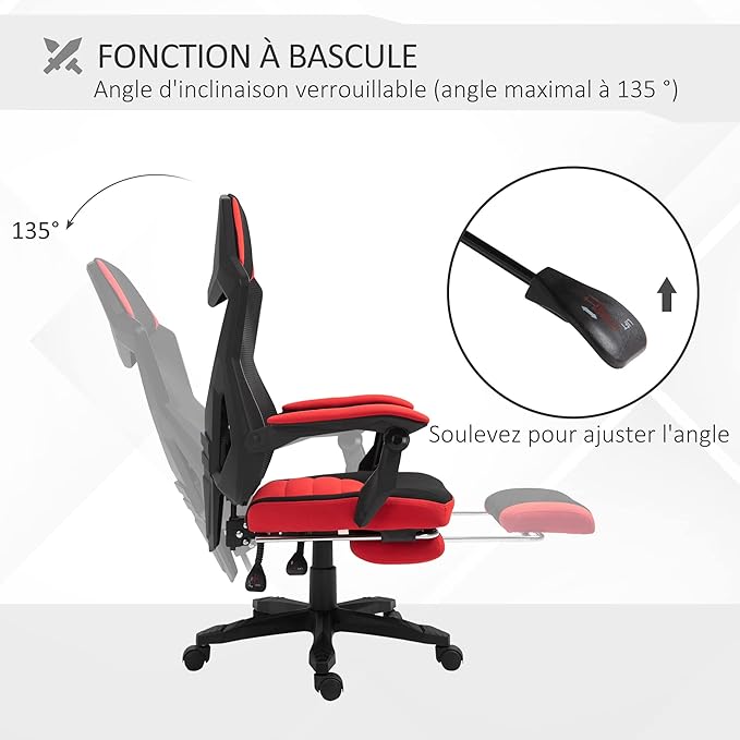 Vinsetto Gaming Chair with Adjustable Backrest and Height Adjustable Swivel Castors Footrest Fabric 58 L x 63 W x 112-122 H cm Red Black