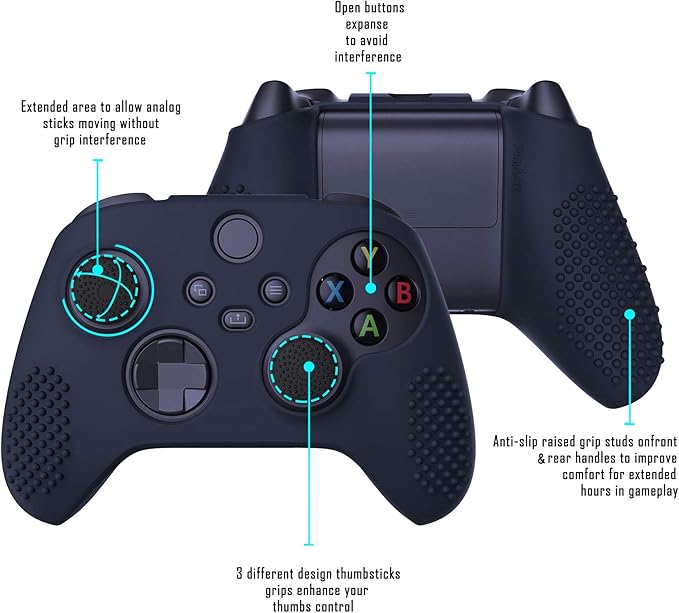 eXtremeRate PlayVital Midnight Blue 3D Studded Edition Anti-slip Silicone Cover Skin for Xbox Series X Controller, Soft Rubber Case Protector for Xbox Series S Controller with 6 Black Thumb Grip Caps - T
