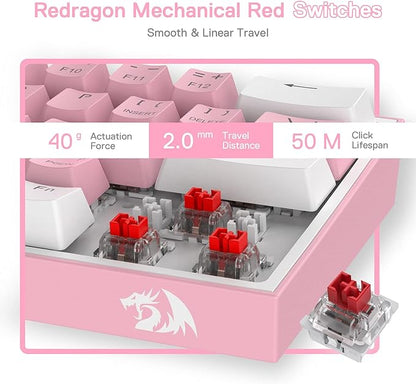 Redragon K617 Fizz 60% Wired RGB Gaming Keyboard, 61 Keys Compact Mechanical Keyboard w/White and Pink Color Keycaps, Linear Red Switch, Pro Driver/Software Supported