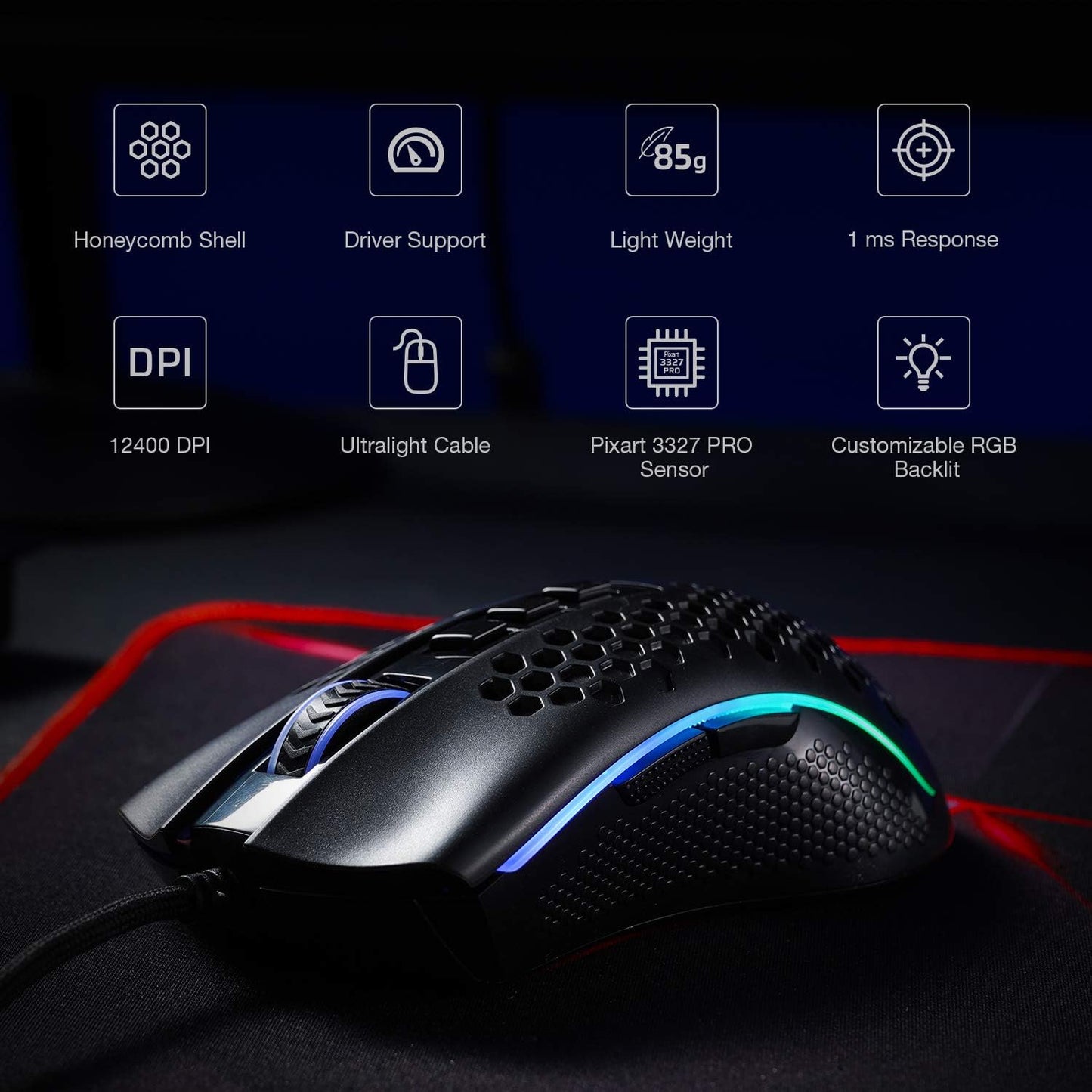 Redragon M808 Storm -85Gram RGB Gaming Mouse | Optical Sensor 3327 12,400 DPI | Programmable Buttons | Ultralight Honeycomb Shell | FOR PC