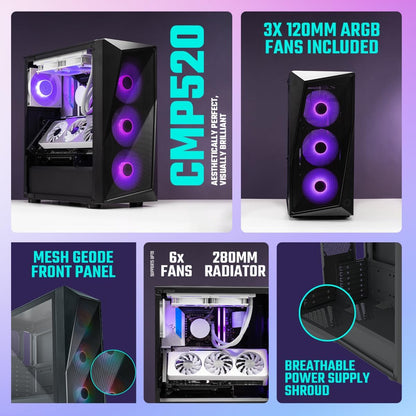 Cooler Master CMP 520 PC Case - Mid-Tower ATX Chassis with Mesh Geode Front Intake, 3 x 120mm ARGB Fans, Tempered Glass Side Panel, Versatile Cooling & Component Support, Breathable PSU Shroud