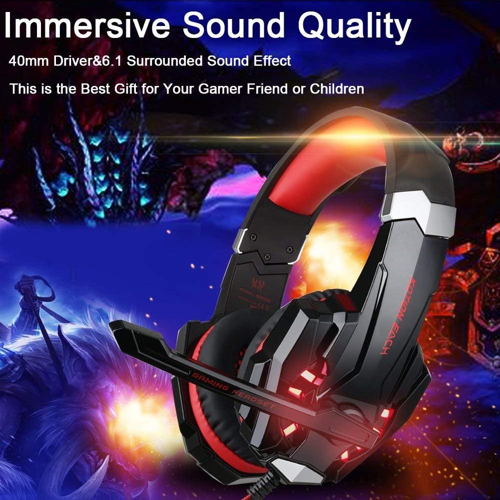 BlueFire Stereo Gaming Headset for PS4, PS5, PC, Xbox One, Noise Cancelling Over Ear Headphones with Mic, LED Light, Bass Surround, Soft Memory Earmuffs for Laptop Nintendo Switch (Black-Red)