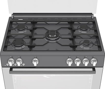 Beko Gas Cooker - 90 cm - 5 Burners Full Safety cooling fan + cooking fan+ dark stainless + cast pan support (GGR 15115 DX NA)