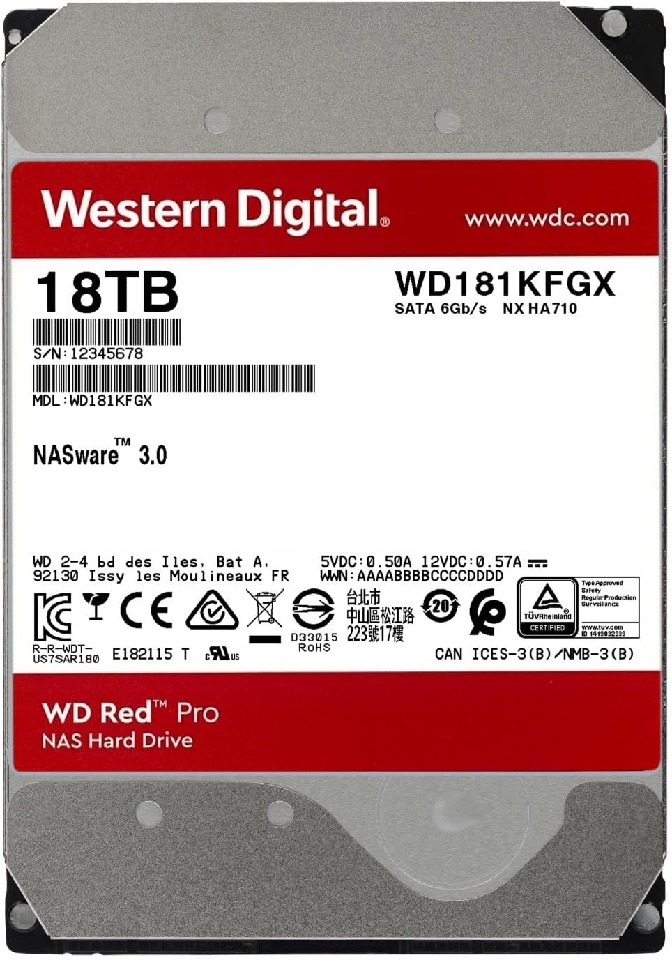 WD Red Pro 18TB NAS Internal Hard Drive HDD - 7200 RPM, SATA 6 Gb/s, CMR, 256 MB Cache, 3.5" - WD181KFGX