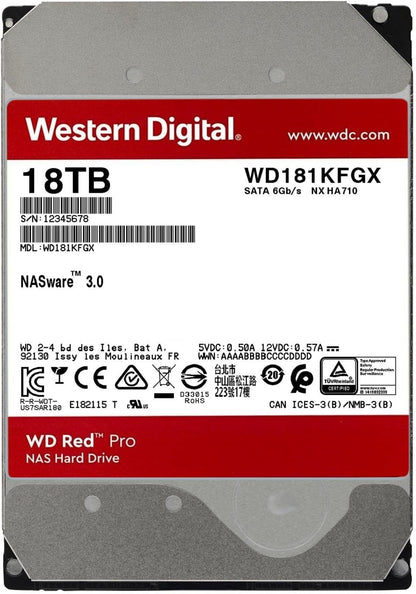 WD Red Pro 18TB NAS Internal Hard Drive HDD - 7200 RPM, SATA 6 Gb/s, CMR, 256 MB Cache, 3.5" - WD181KFGX