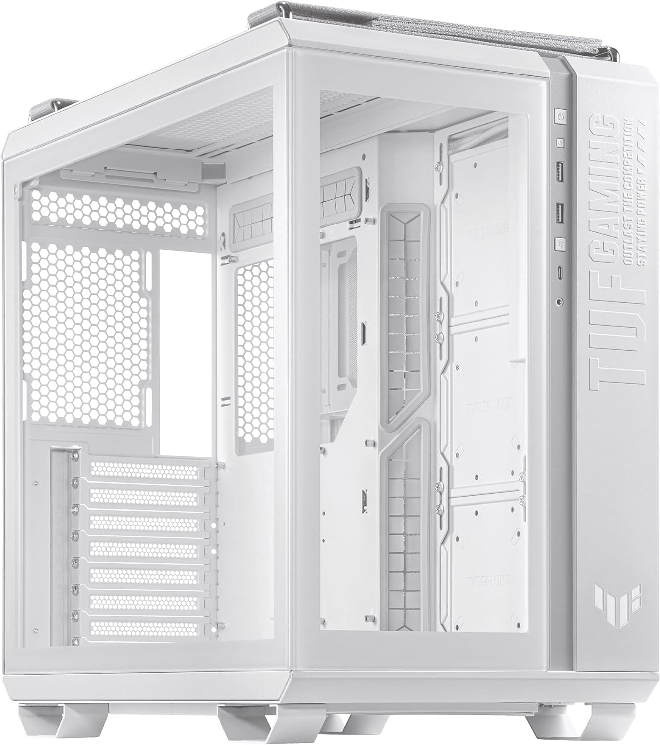 ASUS TUF Gaming GT502 White ATX Mid-Tower Computer Case,Front Panel RGB Button,USB 3.2 Type-C,2x USB 3.0 Ports,Tool-free Side Panel,ARGB Hub, 360mm and 280mm Radiator compatible, Fabric Handle on top. - T