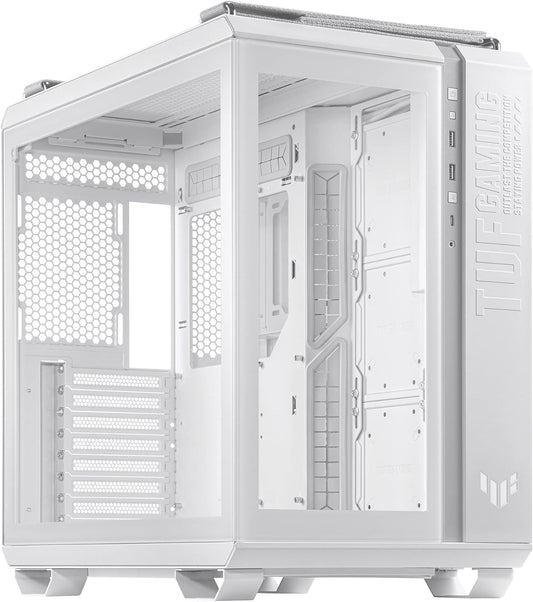 ASUS TUF Gaming GT502 White ATX Mid-Tower Computer Case,Front Panel RGB Button,USB 3.2 Type-C,2x USB 3.0 Ports,Tool-free Side Panel,ARGB Hub, 360mm and 280mm Radiator compatible, Fabric Handle on top.