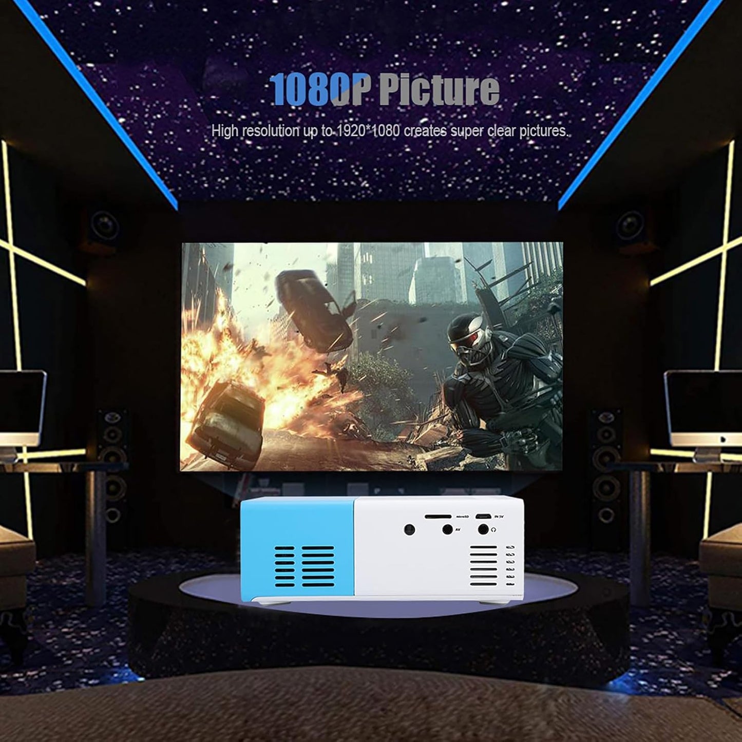 Mini Projector, 1080P Portable Home HD Projector for Party, LED Video Projector for Home Theater, 20-80 inch 1920 * 1080 Resolution, Supports HDMI/USB/AV/Audio