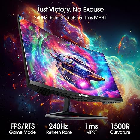 Sceptre Curved 24.5-inch Gaming Monitor up to 240Hz 1080p R1500 1ms DisplayPort x2 HDMI x2 Blue Light Shift Build-in Speakers, Machine Black 2023 (C255B-FWT240)