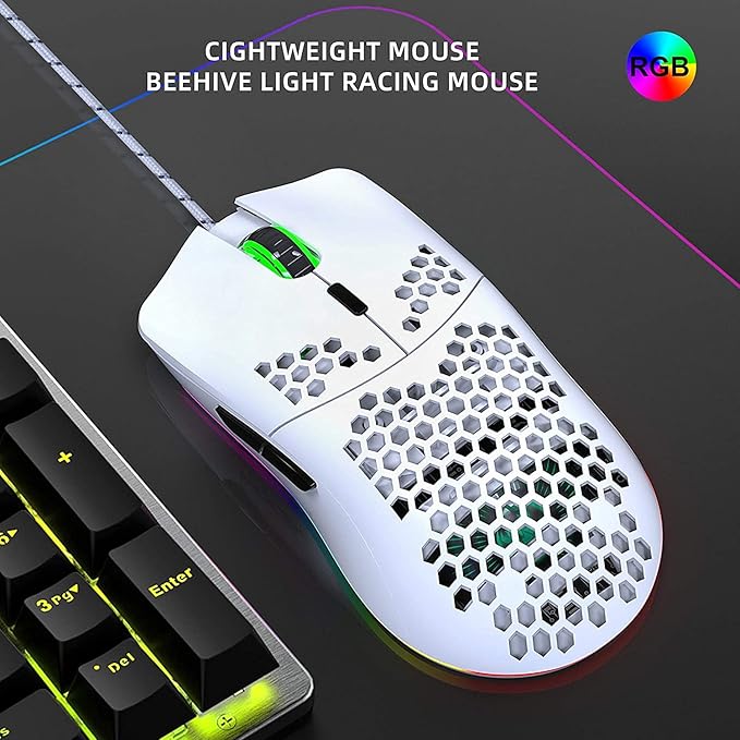 USB Gaming Mouse, Honeycomb Hollow Design Ergonomic Wired Mouse with Backlight, up to 6400 DPI, RGB Gaming Mouse for Mac, Laptop, Computer (White)