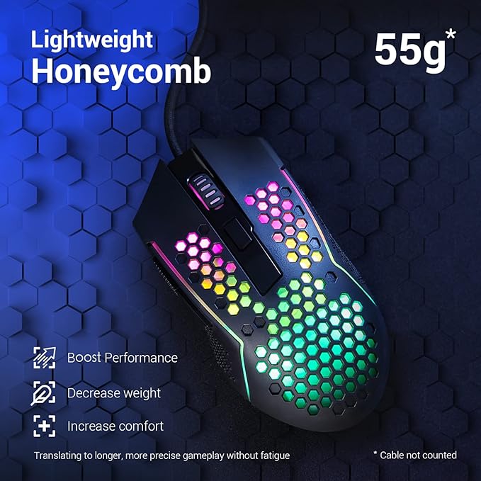 Redragon M987 Wired Ultra-Lightweight Gaming Mouse 55 g Honeycomb RGB Backlit 6 Buttons Programmable with 12400 DPI for Windows PC Computer