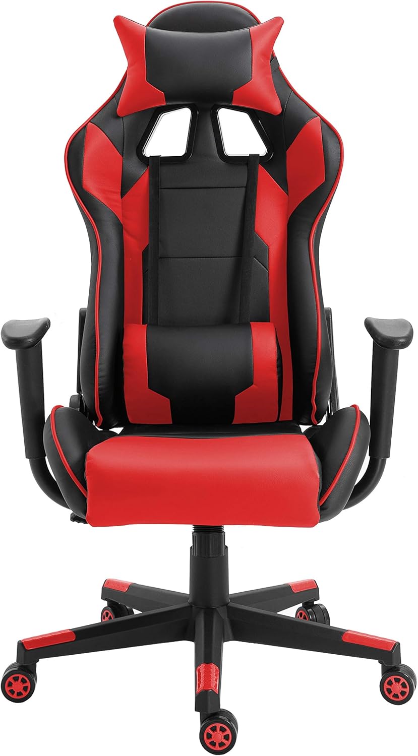 MAHMAYI OFFICE FURNITURE C599 Gaming Chair High Back Computer Chair PU Leather Desk Chair PC Racing Executive Ergonomic Adjustable Swivel Task Chair with Headrest and Lumbar Support (RED, No Footrest)