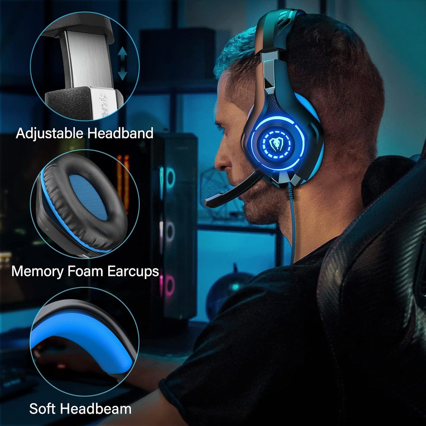 7.1 Gaming Headset for PC, Computer Gaming Headphones with Noise Cancelling Mic/Microphone, PC Gaming Headset with LED Lights for PC, PS4/PS5 Console, Laptop