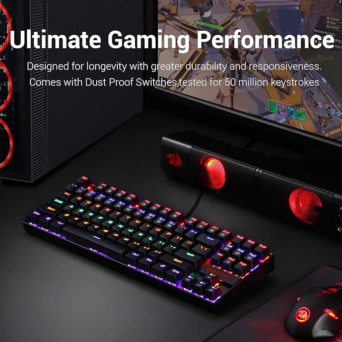 Redragon K552 Mechanical Gaming Keyboard Rainbow LED Backlit Wired with Anti-Dust Proof Switches for Windows PC (Black, 87 Keys Blue Switches)