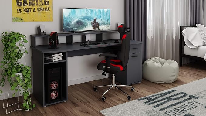 byLIVING FANTASTIC Gaming Desk with Robust Melamine Surface in Anthracite, with Attachment for Lots of Storage Space, Wood Material Chipboard, Grey, W 180, H 93, D 65 cm