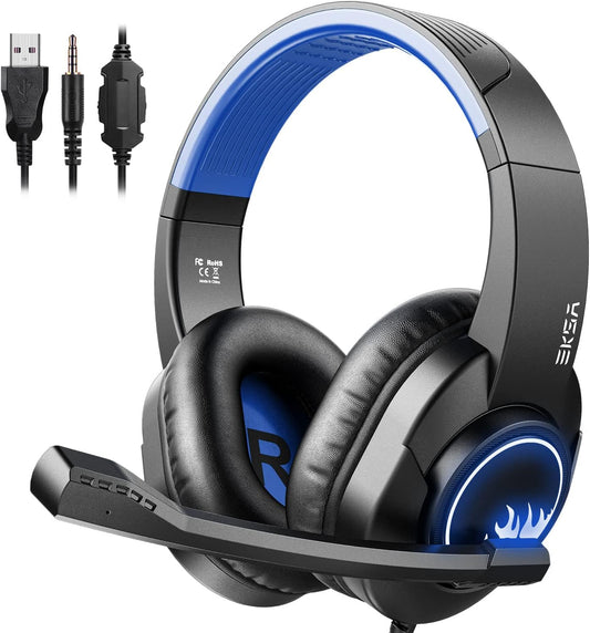 Eksa T8 Ps4 Gaming Wired Over Ear Headphones With Mic With Noise Canceling, Pc With Surround Stereo Sound, Led Light For Ps4, Pc, Laptop (Blue)