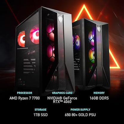 MSI Aegis ZS Gaming Desktop, AMD Ryzen 7 7700, GeForce RTX 4060, 16GB RAM, 1TB SSD, RGB Fan Cooling, Wi-Fi 6E, Keyboard & Mouse Included, DIY Friendly, Windows 11 Home-Adv: 7NUC-607US