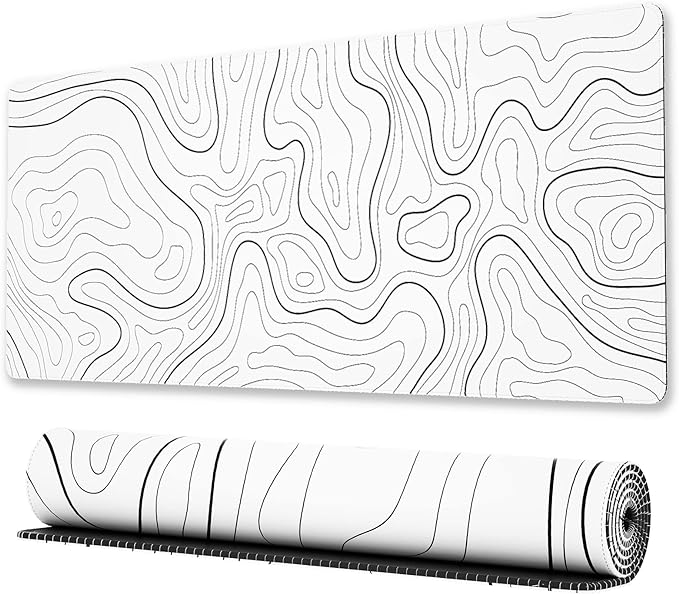 Ovenbird Large Gaming Mouse Pad with Stitched Edges, Minimalist Topographic Map Desk Mat, Extended XL Mousepad with Anti-Slip Base, Cool Desk Pad for Keyboard and Mouse, 31.5 x 11.8 in, White