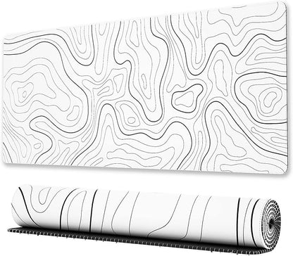 Ovenbird Large Gaming Mouse Pad with Stitched Edges, Minimalist Topographic Map Desk Mat, Extended XL Mousepad with Anti-Slip Base, Cool Desk Pad for Keyboard and Mouse, 31.5 x 11.8 in, White