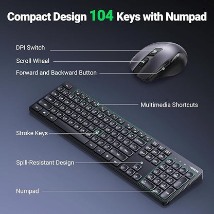 UGREEN Wireless Keyboard and Mouse Combo,2.4GHz Ergonomic Keyboard Mouse, Compact Silent Cordless Full Size Computer Keyboard, Mouse 5 DPI Levels up to 4000, for Computer, Laptop (Arabic)