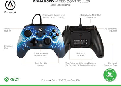 PowerA Enhanced Wired Controller for Xbox Series X|S - Arc Lightning, gamepad, wired video game controller, gaming controller, Xbox Series X|S