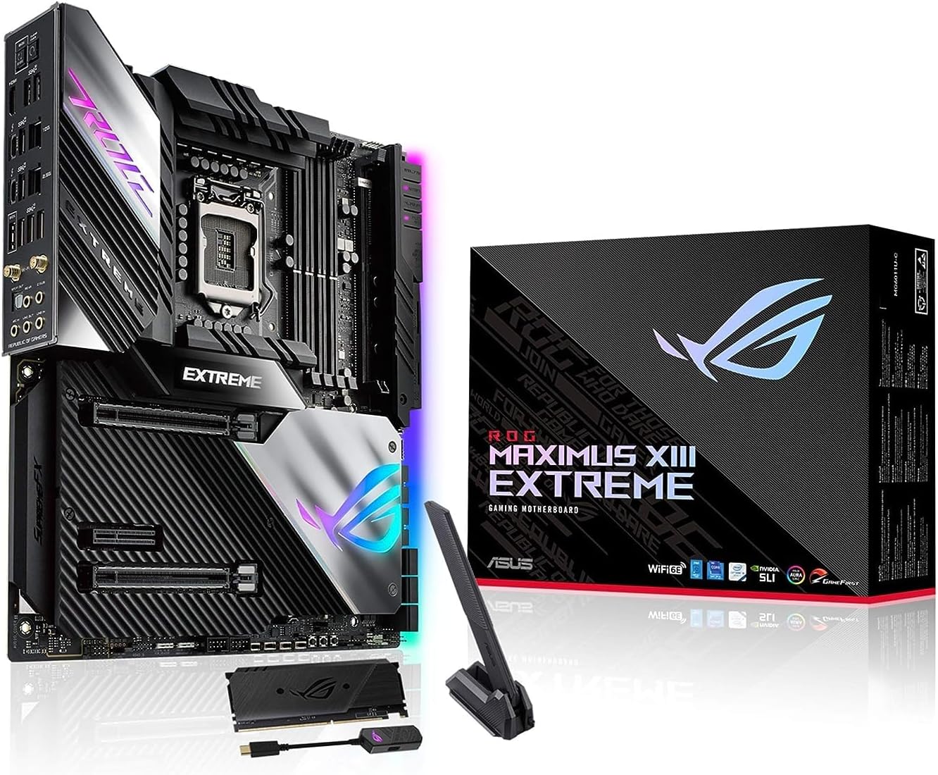 Asus ROG Maximus XIII Extreme (WiFi 6E) Z590 LGA 1200(Intel® 11th/10th Gen) EATX gaming motherboard (PCIe 4.0, 18+2 power stages, 5x M.2 slots, 10 Gb &2.5Gb LAN,Thunderbolt 4, 1.77” Livedash OLED)