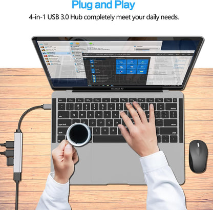 MIUOLV USB 3.0 Hub, Type C 4-Port Adapter and 4-in-1 Docking Station, UltraSlim SuperSpeed 5Gbps Aluminum for MacBook Pro 2021/ Air 2020/2019/2018 Ipad Pro Surface Pro Flash Drive Mobile HDD (Silver) - T
