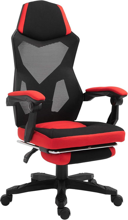 Vinsetto Gaming Chair with Adjustable Backrest and Height Adjustable Swivel Castors Footrest Fabric 58 L x 63 W x 112-122 H cm Red Black