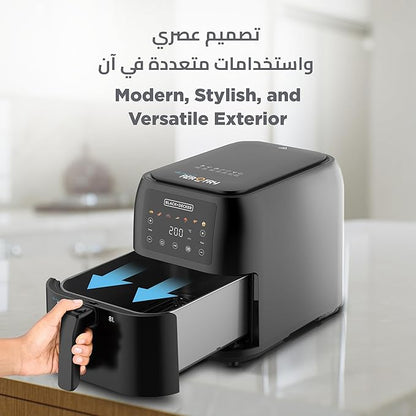 Black & Decker 1700W Air Fryer - 8L Capacity, Digital Touch Control, 7 Preset Functions, Adjustable Temp Timer, Rapid Air Convection, Shake Alert, Removable Crisper Plate - SAF80-B5. - T