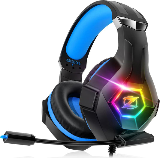 Gaming Headset PS4 Headset with 7.1 Surround Sound, Xbox One Headset with Noise Cancelling Flexible Mic with 2pcs Mic Cover RGB LED Light Memory Earmuffs for PS5, PS4, Xbox one, PC, Nintendo Switch