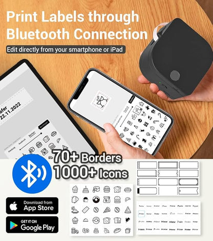 Phomemo P12 Label Makers - Bluetooth Inkless Label Printer Maker with Tape For Office Home School Organization, Small Label Maker Mini Labeler with Multiple Template Icon for Smartphone (Black)