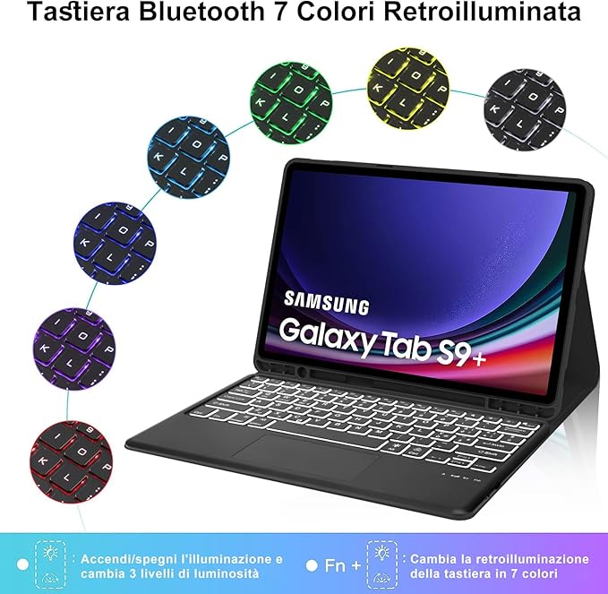 Samsung Galaxy Tab S9 Plus 12.4 Inch 2023 Trackpad Keyboard – Samsung Tab S9 Plus Keyboard, Samsung Tab S9 Plus Keyboard Cover, Italian Backlit Bluetooth Keyboard for Samsung Tab S9+, Black