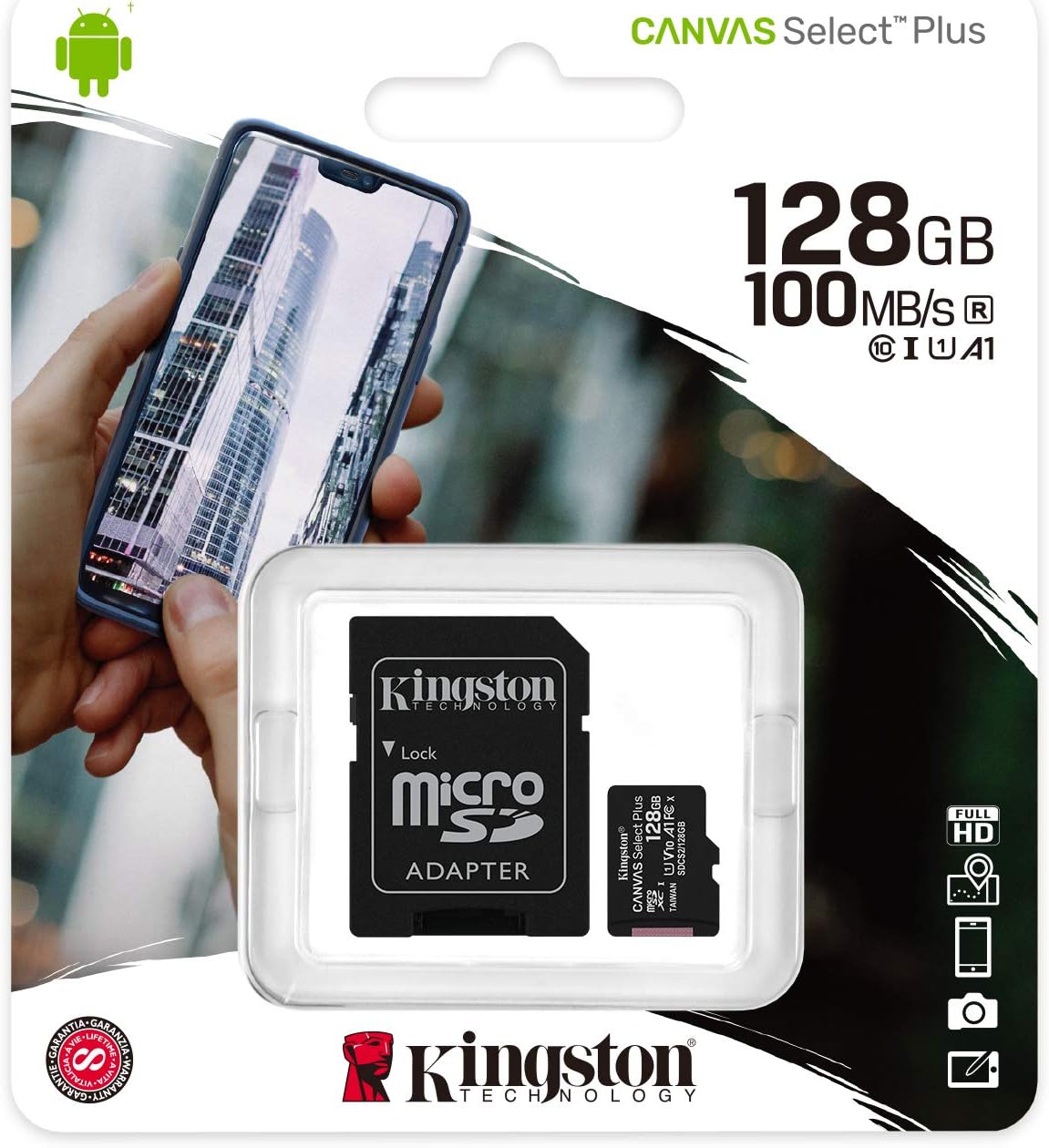 kingston 128GB micSDXC Canvas Select Plus 100R A1 C10 Card + ADP, SDCS2/128GB, black