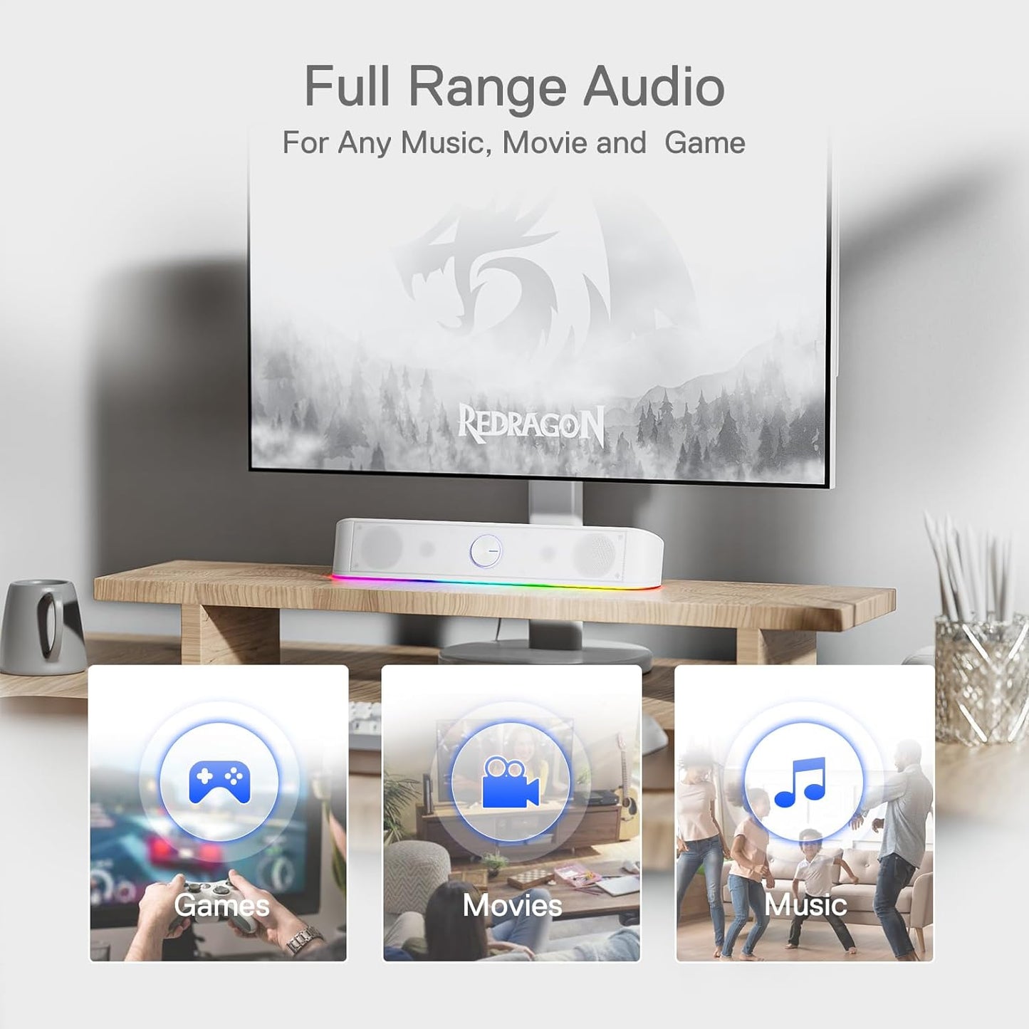 Redragon GS560 RGB Desktop Soundbar, 2.0 Channel Computer Speaker with Dynamic Lighting Bar Audio-Light Sync/Display, Touch-Control Backlit with Volume Knob, USB Powered w/ 3.5mm Cable, White - T