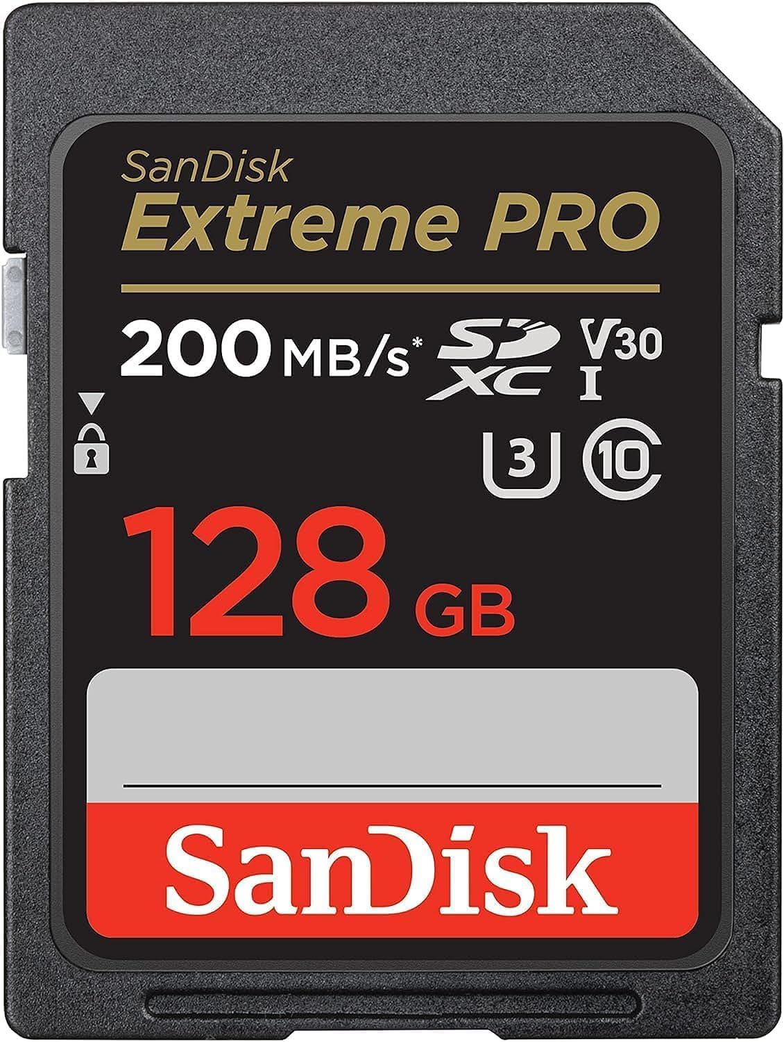 SanDisk Extreme Pro SD UHS I 128GB Card for 4K Video for DSLR and Mirrorless Cameras 200MB/s Read & 140MB/s Write, Lifetime Warranty