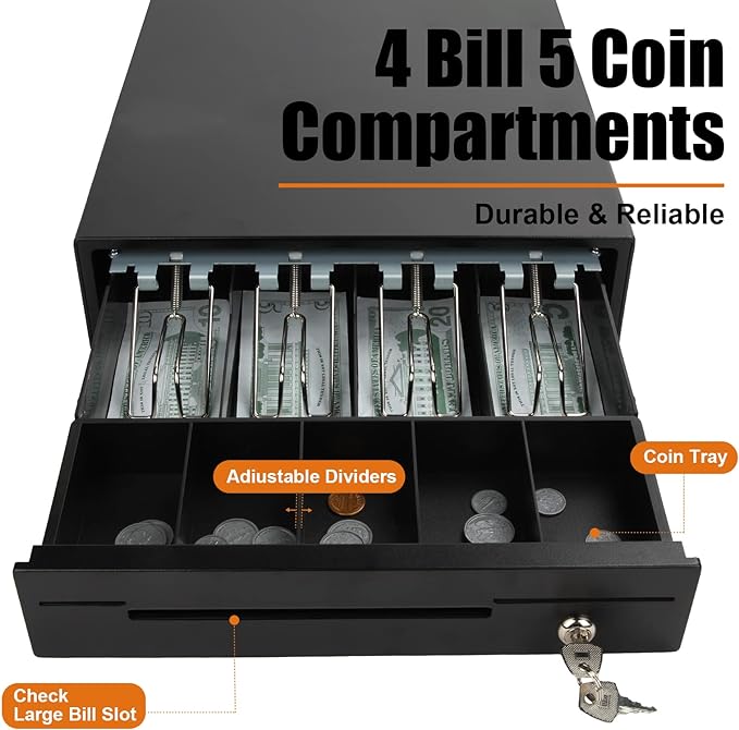 Sgorlds 14" Cash Register Drawer Black Cash Drawer for POS Machine with 4 Bill 5 Coin Fully Removable Cash Tray Coin Compartment,12-24V,RJ11/RJ12 Compatible,Key Lock,Manual Push Open,Single Media Slot - T