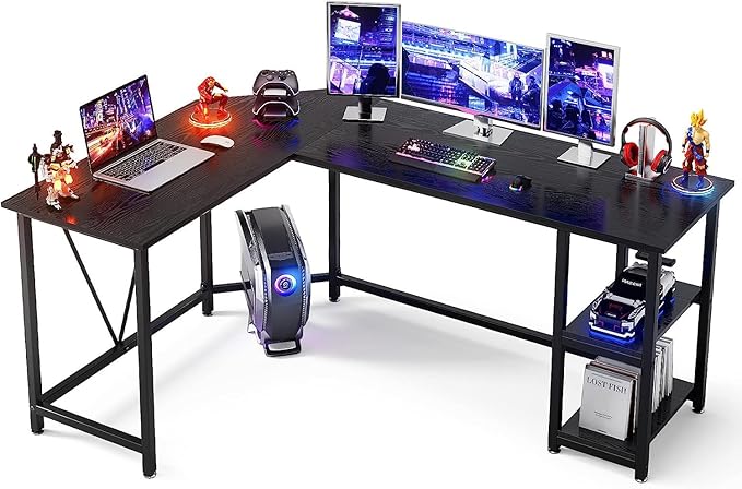 GreenForest L Shaped Gaming Desk with Storage Shelves, 66 inch Corner Computer Home Office Writing Desk,Modern Large PC Workstation Space Saving, Easy Assembly,Black