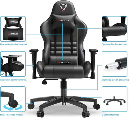 Furgle Gaming Chair, Racing Style High-Back Office Chair with Adjustable Armrests, PU Leather Ergonomic Video Game Chairs with Headrest and Lumbar Support, Rocking Mode,(Black)