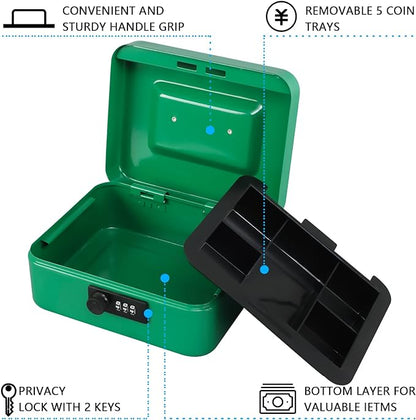 KYODOLED Cash Box with Combination Lock,Safe Metal Box for Money,Storage Lock Box with Money Tray,7.87"x 6.30"x 3.54" Green Medium