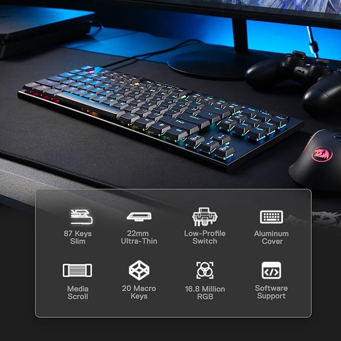 Redragon K622 Horus TKL RGB Mechanical Keyboard, Ultra-Thin Designed Wired Gaming Keyboard w/Low Profile Keycaps, Dedicated Media Control & Linear Red Switch, Pro Software Supported