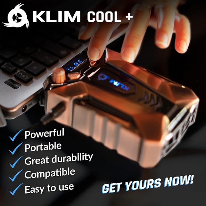 KLIM Cool+ Metal Laptop Cooler with Vacuum Fan - New 2024 - Gaming Laptop Fan with Display - Temperature Detection + Automatic/Manual Mode - Portable - Compatible with Laptop Cooling Pads