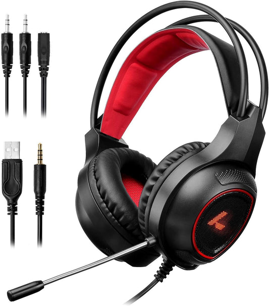 LYCANDER Gaming Headset with Microphone LED Light, 3.5mm input - for PC, PS4, Xbox One, Nintendo Switch and more (Essential - Black/Red)