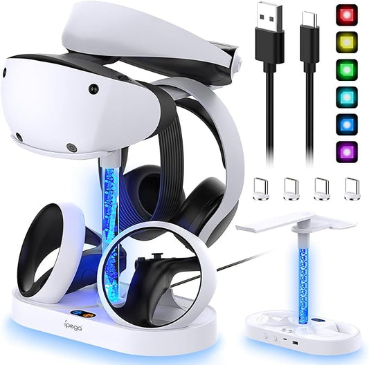 VR2 Charging & Storage Stand for Playstation VR2 Controller with Colorful Light Column,4pcs Type-C Magnetic Charger Connector, MENEEA Dual Charger Dock/VR Headset Holder/Dazzling RGB Light for PSVR2