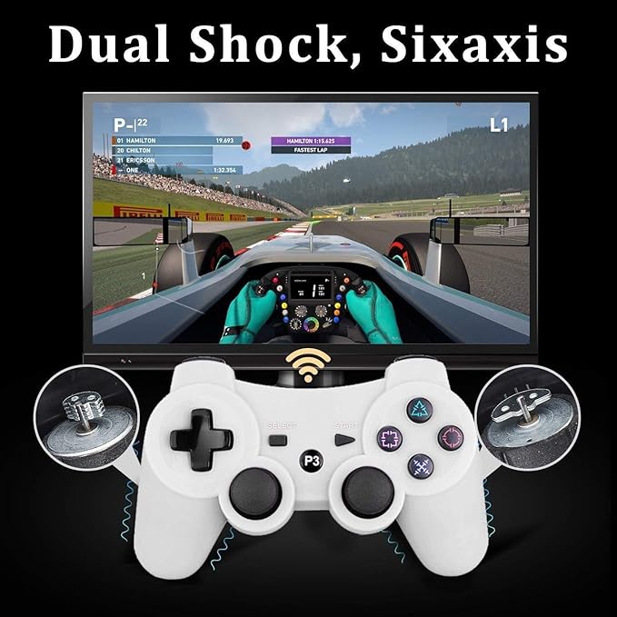 PlayStation 3 Dualshock 3 Wireless Controller for PS3, Game Joystick Remote Bluetooth Sixaxis Control Gamepad Heavy-duty Game Accessories for PlayStation 3 (USB Rechargeable, White)