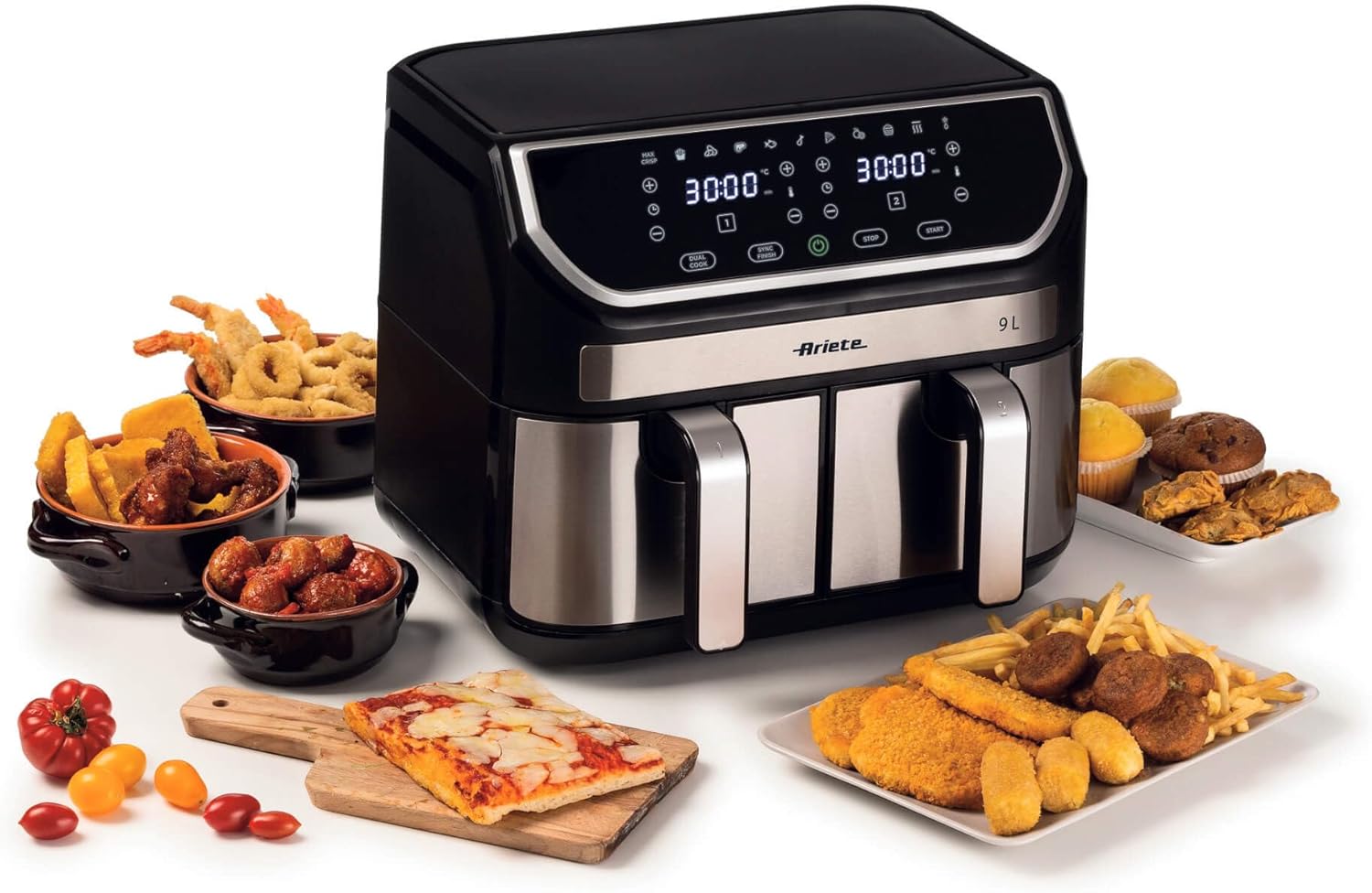 Ariete 4625 Air Fryer 9L – 11 Preset Programs, Digital Display, Dishwasher Safe Dual Basket, Rapid Air Technology, Adjustable Temperature from 80°C-200°C - T