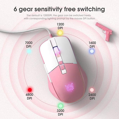 ONIKUMA CW916 Gaming Mouse - Optical Sensor 7,200 DPI - Braided Cable - RGB Lighting - DPI Controll Button - 7 Buttons -White Pink