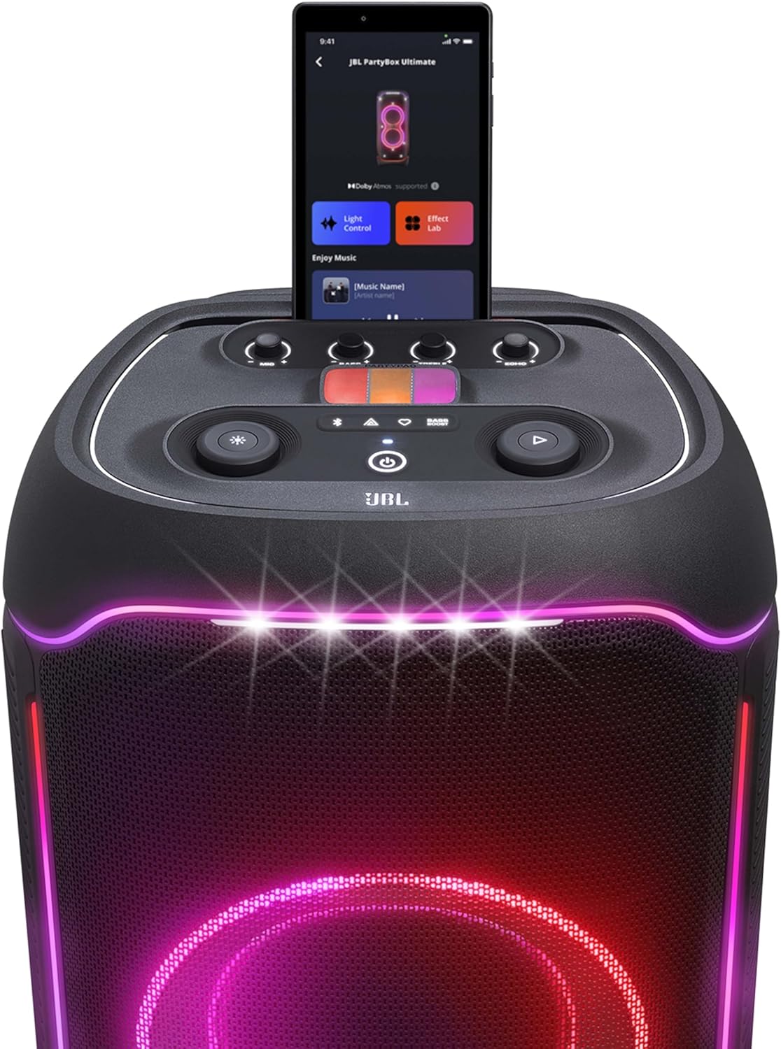 JBL Partybox Ultimate Massive party speaker with powerful sound, multi-dimensional lightshow, and splashproof design.